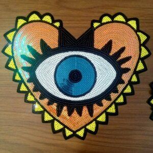 Large 10 inch Iron On Sequined Evil Eye Heart Applique